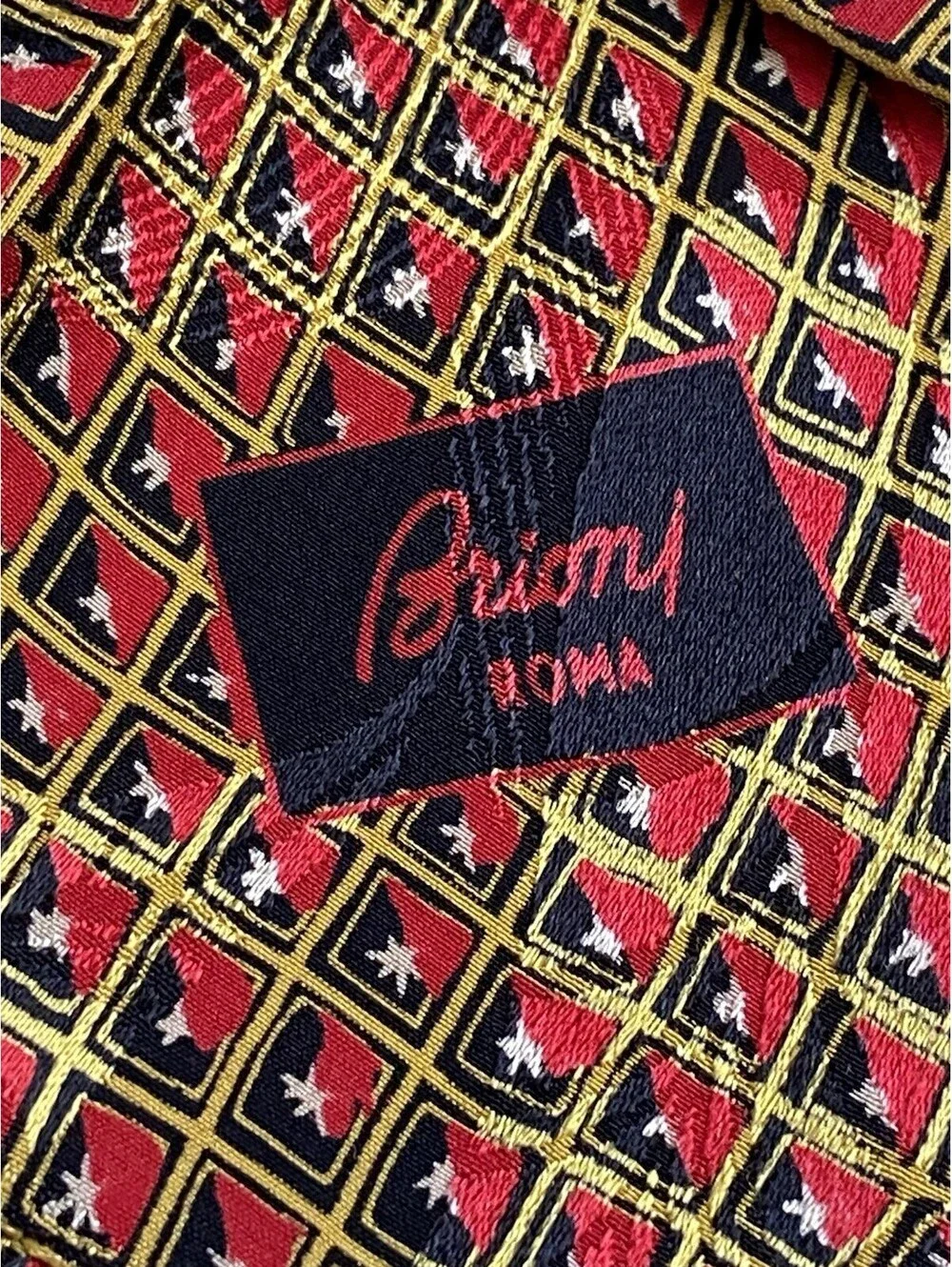 Brioni Roma Silk Tie Made in Italy Geometric Diamond Pattern Red Gold Black